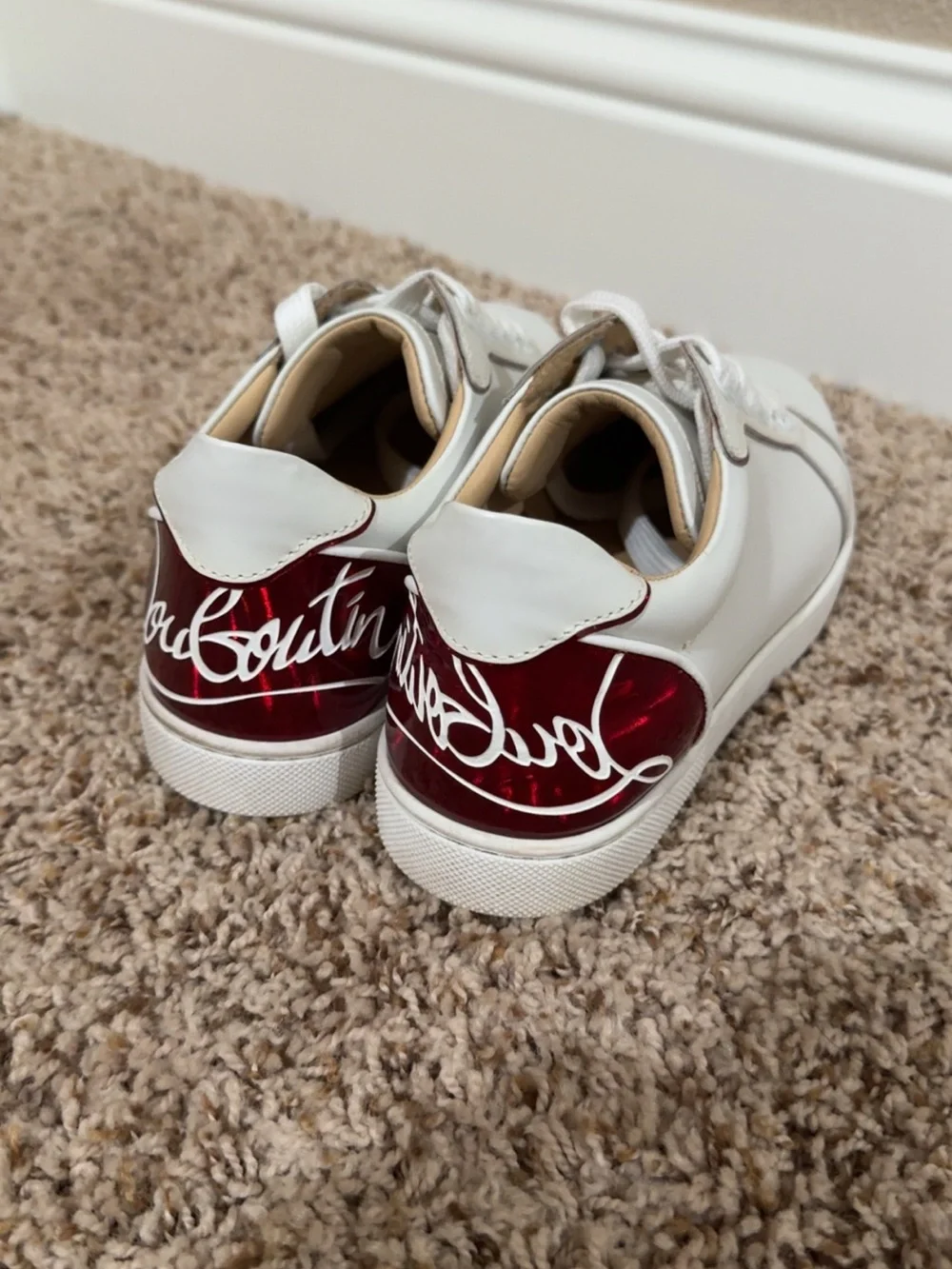 Women’s Christian Louboutin White Leather Low-Top Sneakers with Red Trim Size 6
